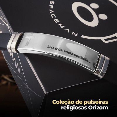 Pulseira Masculina Prata Placa Aço Inox Pai Nosso Silicone + Caixa Moda Masculina