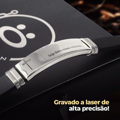 Pulseira Masculina Prata Placa Aço Inox Pai Nosso Silicone + Caixa Moda Masculina