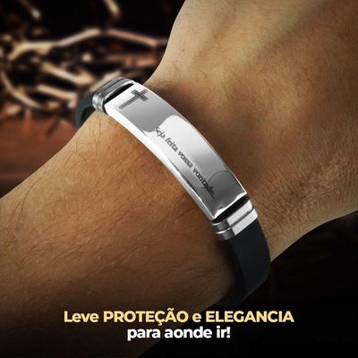 Pulseira Masculina Prata Placa Aço Inox Pai Nosso Silicone + Caixa Moda Masculina