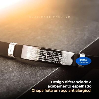 Pulseira Oração Pai Nosso Placa Silicone Preta Masculina Presente Casual Religiosa Social