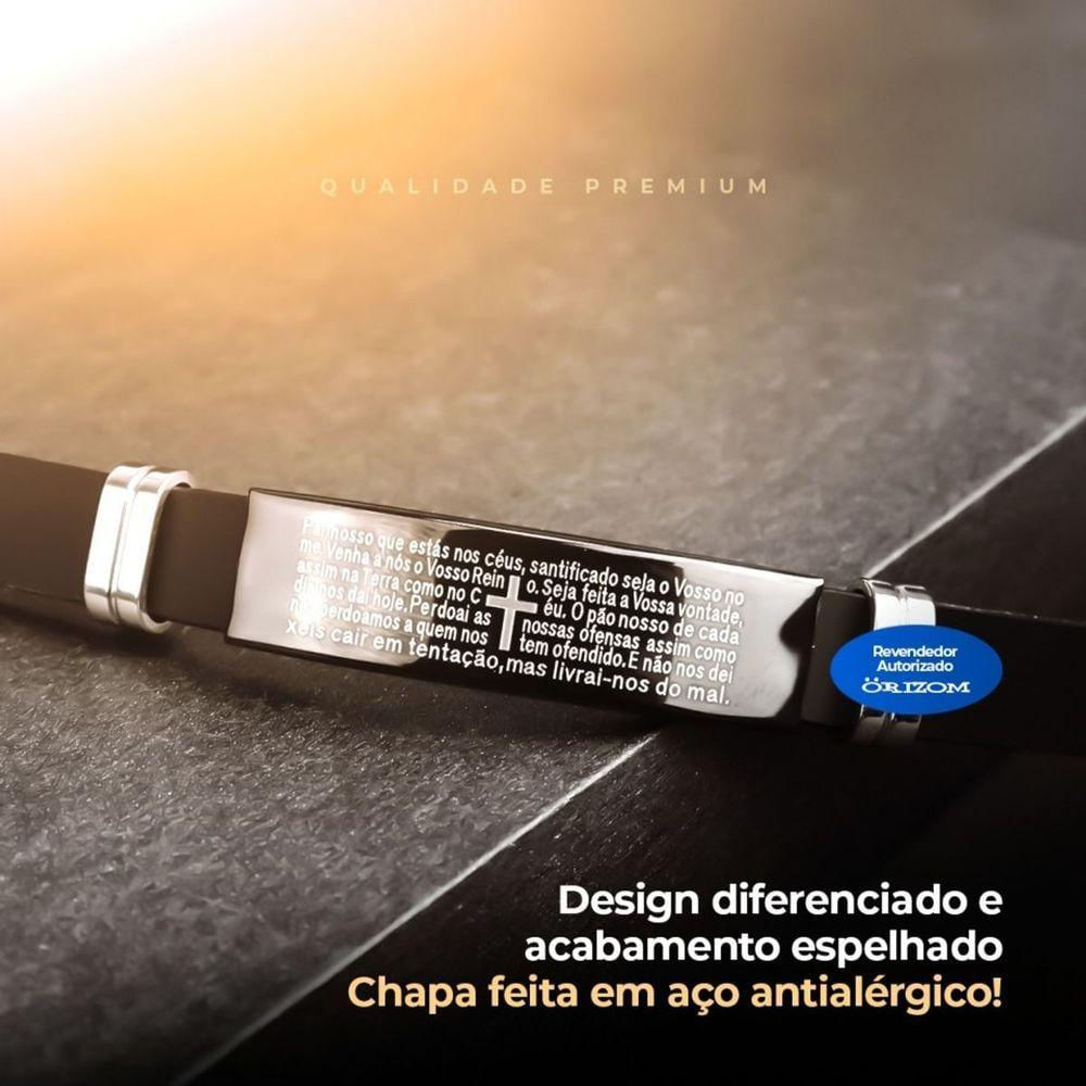 Pulseira Oração Pai Nosso Placa Silicone Preta Masculina Presente Casual Religiosa Social
