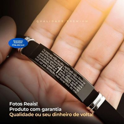 Pulseira Oração Pai Nosso Placa Silicone Preta Masculina Presente Casual Religiosa Social