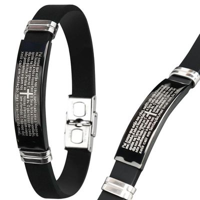 Pulseira Oração Pai Nosso Placa Silicone Preta Masculina Presente Casual Religiosa Social