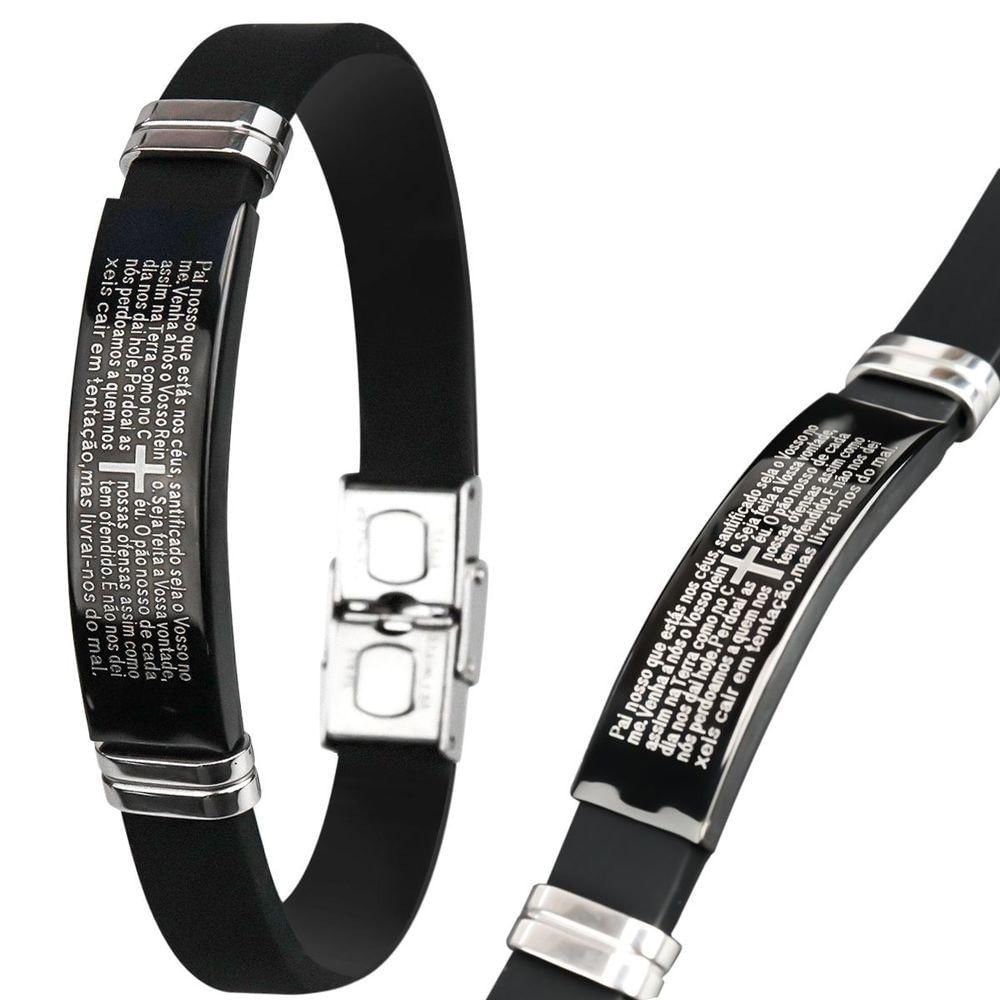 Pulseira Oração Pai Nosso Placa Silicone Preta Masculina Presente Casual Religiosa Social