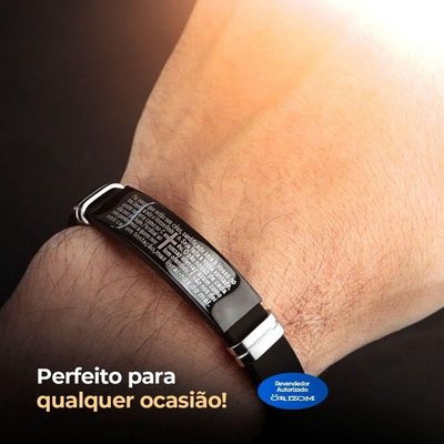 Pulseira Oração Pai Nosso Placa Silicone Preta Masculina Presente Casual Religiosa Social