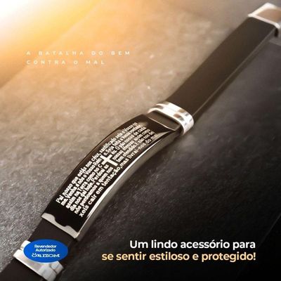 Pulseira Oração Pai Nosso Placa Silicone Preta Masculina Presente Casual Religiosa Social