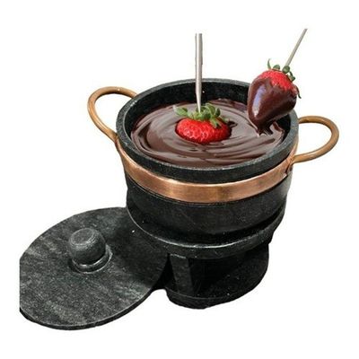 Kit Fondue De Pedra Sabao Chapa 32 Cm + Panelas De 500 E 800 Ml + 6 Cumbucas + 6 Garfinhos