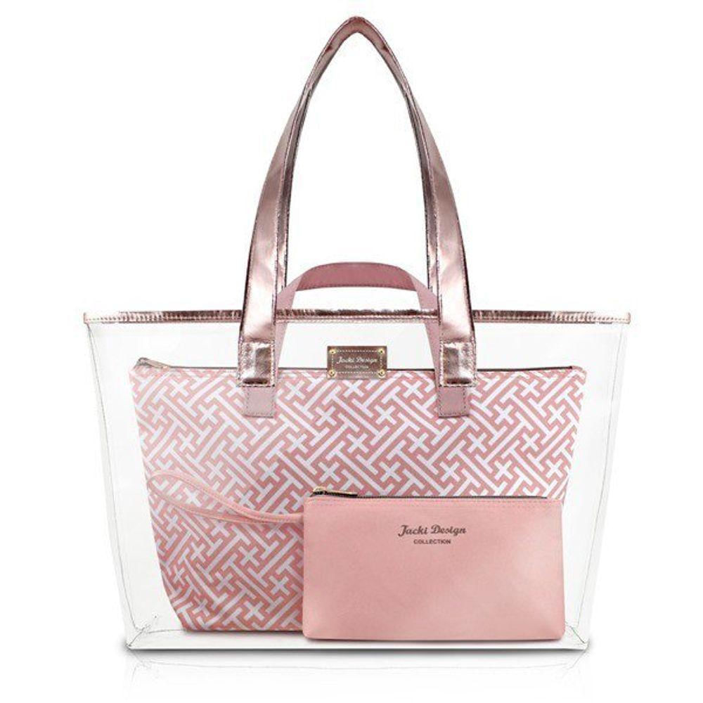 Bolsa Transparente Com 3 Peças Diamantes Jacki Design Rosa