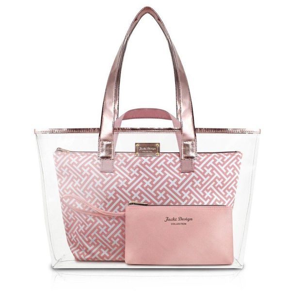 Bolsa Transparente Com 3 Peças Diamantes Jacki Design Rosa