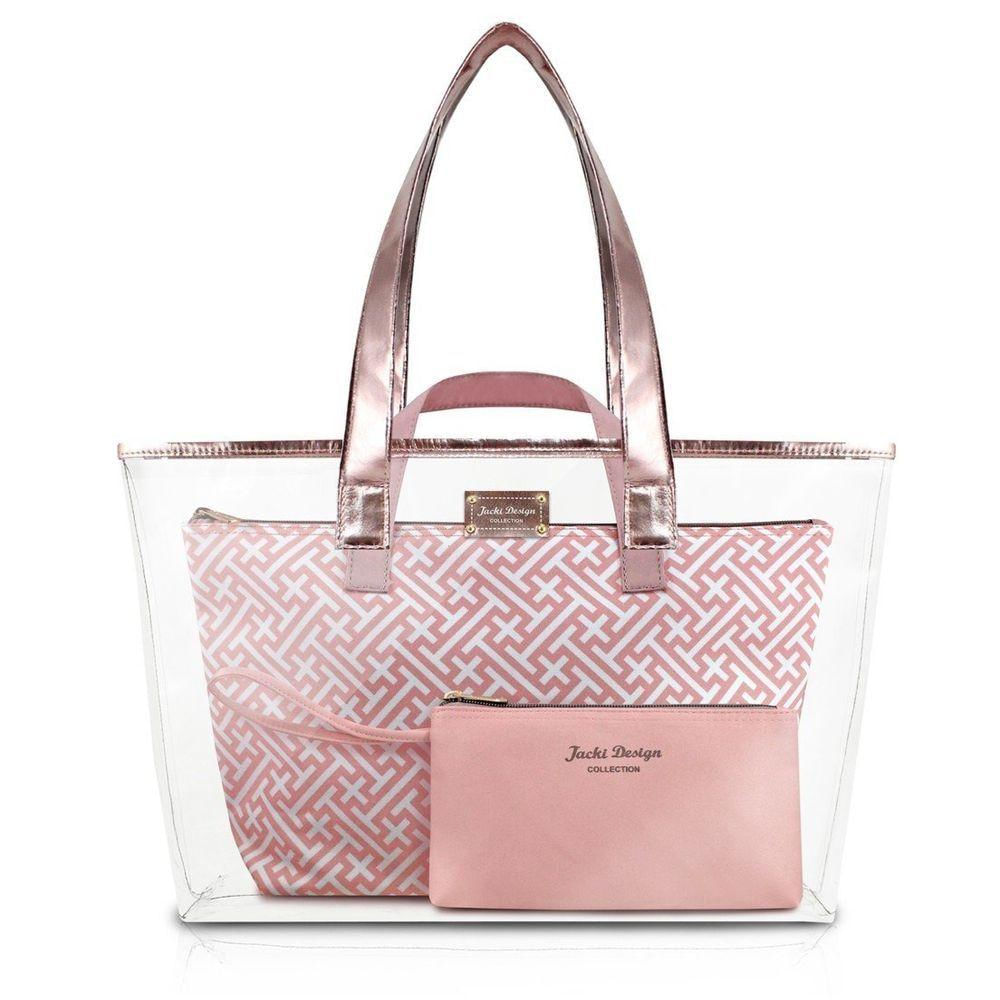 Bolsa Transparente Com 3 Peças Diamantes Jacki Design Rosa