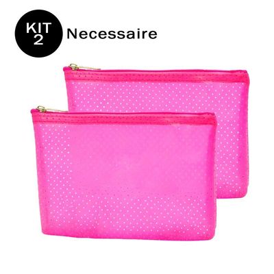 Kit 2 Necessaire Rosa Translúcida 20,5x14,5cm Zíper Viajar
