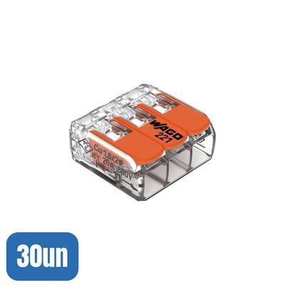 30 Conectores Emenda 4mm 3 Polos 221-413 - Wago