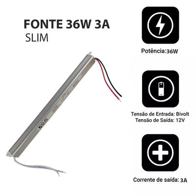 Fonte Slim Drive 36w 12v 3a Perfil Fita Led Bivolt Lustre Luminaria Ip20