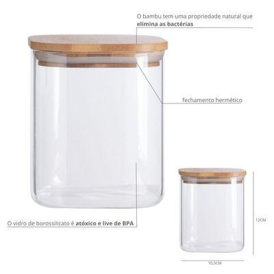Pote De Vidro Com Tampa De Bambu Oikos 800ml Hermético Quadrado