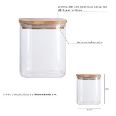 Pote De Vidro Com Tampa De Bambu Oikos 200ml Hermético Quadrado