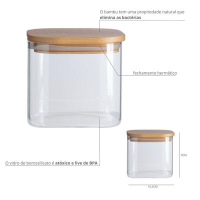 Pote De Vidro Com Tampa De Bambu Oikos 600ml Hermético Quadrado