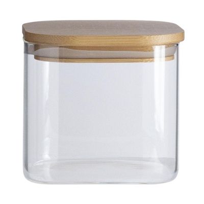 Pote De Vidro Com Tampa De Bambu Oikos 600ml Hermético Quadrado