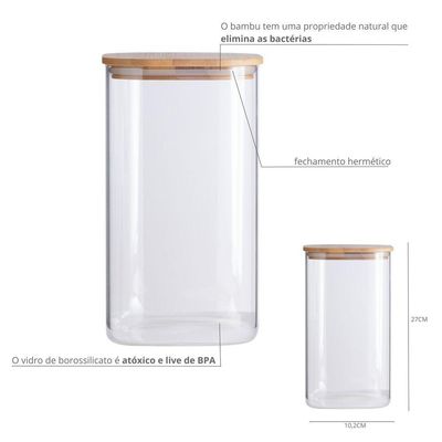 Pote De Vidro Com Tampa De Bambu Oikos 1,9l Hermético Quadrado