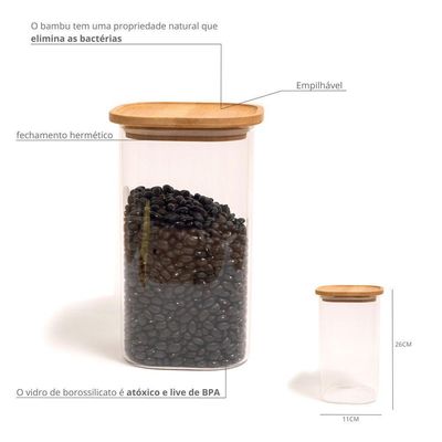 Pote De Vidro Com Tampa De Bambu Oikos 1,9l Hermético Quadrado Empilhável