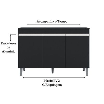 Balcão Gabinete Manu 120cm 3 Portas C-tampo Preto