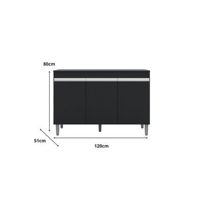 Balcão Gabinete Manu 120cm 3 Portas C-tampo Preto