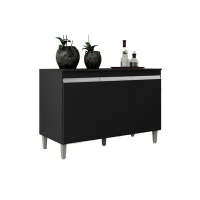 Balcão Gabinete Manu 120cm 3 Portas C-tampo Preto