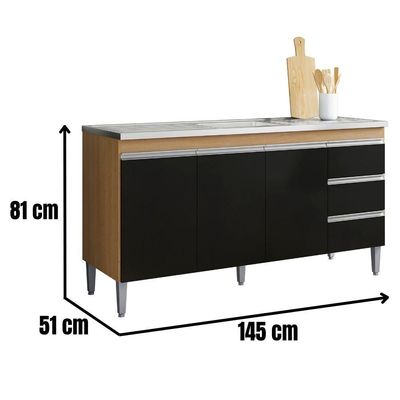 Balcão Para Pia Andréia 150 Cm 3 Portas Amendoa Preto Ajl