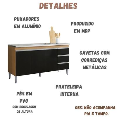 Balcão Para Pia Andréia 150 Cm 3 Portas Amendoa Preto Ajl