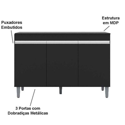 Balcão De Pia Para Cozinha 120 Cm Kadu 3 Portas Preto