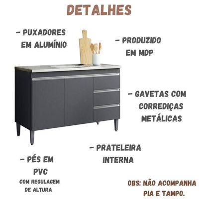 Balcão Para Pia Andréia 100 Cm 2 Portas Cinza Ajl