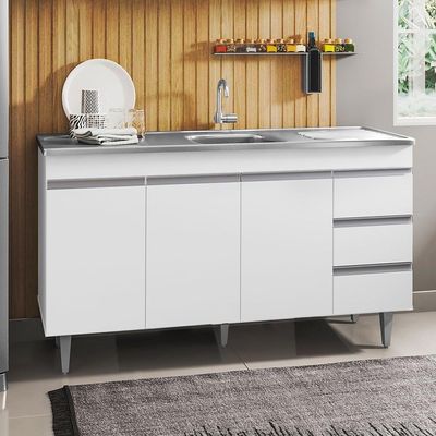 Balcão Gabinete Com Pia Inox 150Cm 3 Portas Andréia Branco
