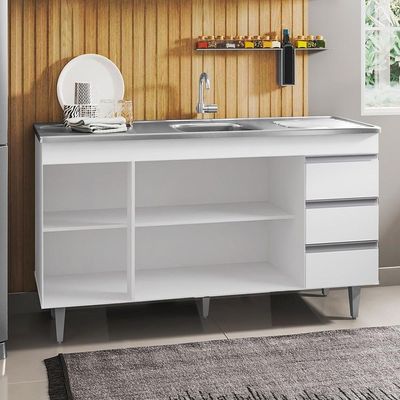 Balcão Gabinete Com Pia Inox 150Cm 3 Portas Andréia Branco