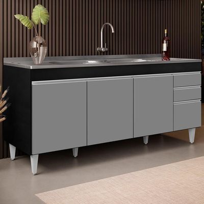 Balcão Gabinete Com Pia 180Cm Dallas Preto/Cinza - Lumil