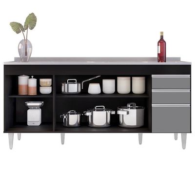Balcão Gabinete Com Pia 180Cm Dallas Preto/Cinza - Lumil
