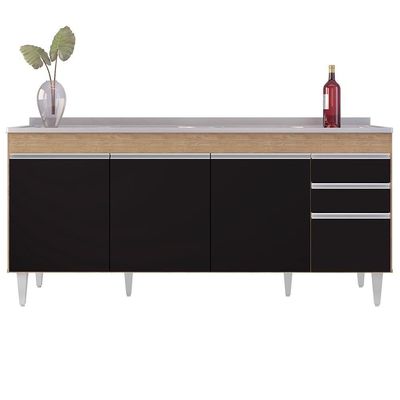 Balcão Gabinete Com Pia 180Cm Dallas Castanho/Preto - Lumil