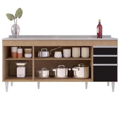 Balcão Gabinete Com Pia 180Cm Dallas Castanho/Preto - Lumil