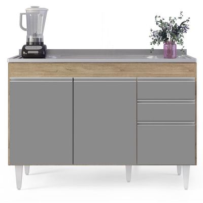 Balcão Gabinete Com Pia Inox 120cm Michigan Castanho-cinza - Lumil