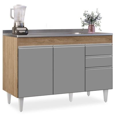 Balcão Gabinete Com Pia Inox 120cm Michigan Castanho-cinza - Lumil