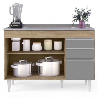 Balcão Gabinete Com Pia Inox 120cm Michigan Castanho-cinza - Lumil
