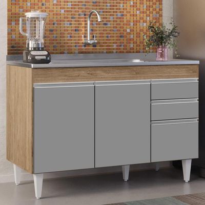 Balcão Gabinete Com Pia Inox 120cm Michigan Castanho-cinza - Lumil