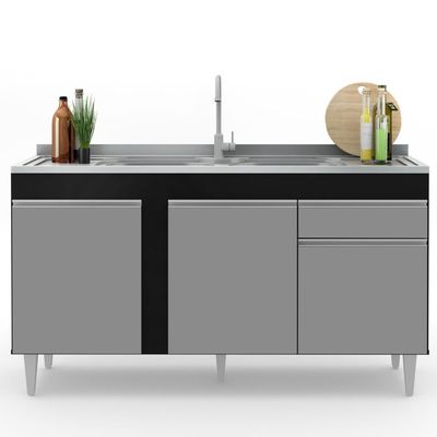 Balcão Gabinete Com Pia Inox 150cm 3 Portas 1 Gaveta Dakota Preto-cinza - Lumil