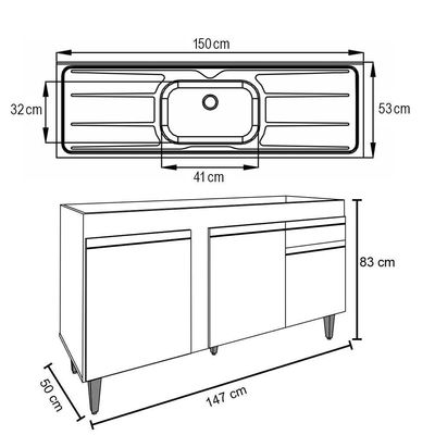 Balcão Gabinete Com Pia Inox 150cm 3 Portas 1 Gaveta Dakota Preto-cinza - Lumil