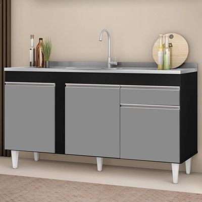 Balcão Gabinete Com Pia Inox 150cm 3 Portas 1 Gaveta Dakota Preto-cinza - Lumil