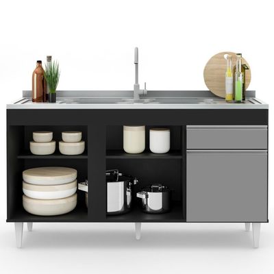 Balcão Gabinete Com Pia Inox 150cm 3 Portas 1 Gaveta Dakota Preto-cinza - Lumil