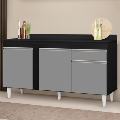 Balcão Gabinete Para Pia Com Tampo 150cm 3 Portas 1 Gaveta Dakota Preto-cinza - Lumil