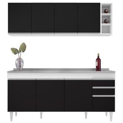 Armário Aéreo Nevada E Balcão Gabinete 180cm Com Pia Dallas Branco-preto - Lumil