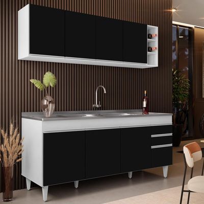 Armário Aéreo Nevada E Balcão Gabinete 180cm Com Pia Dallas Branco-preto - Lumil