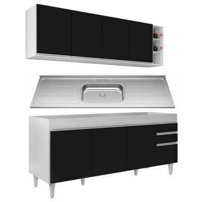 Armário Aéreo Nevada E Balcão Gabinete 180cm Com Pia Dallas Branco-preto - Lumil