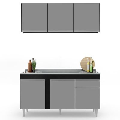 Armário Aéreo Argélia E Balcão Gabinete Com Pia Inox 150cm Dakota Preto-cinza - Lumil