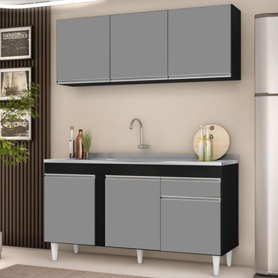 Armário Aéreo Argélia E Balcão Gabinete Com Pia Inox 150cm Dakota Preto-cinza - Lumil